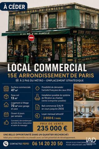 Local d’activité à vendre 123 m² Paris 15