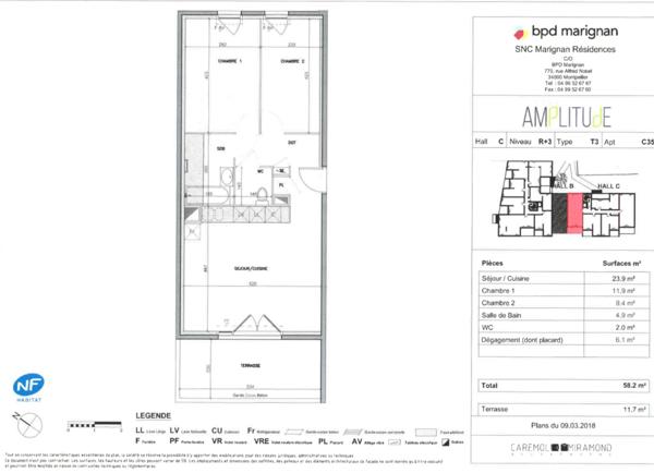 Dpt Hérault (34), à louer MONTPELLIER appartement T3 d'envieon 58 m² avec terrase de 12 m²
