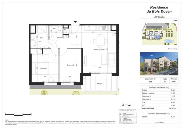 Appartement F3 à vendre  3 pièces - 56,57 m2 MONTCHANIN - 71