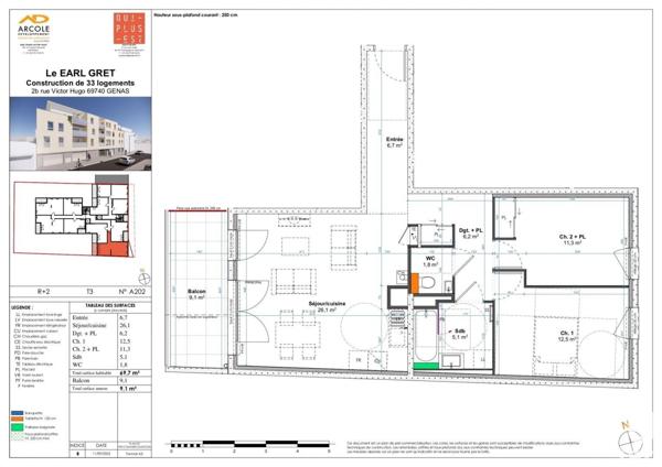 Appartement 3 pièces de 69 m² à Genas (69740)
