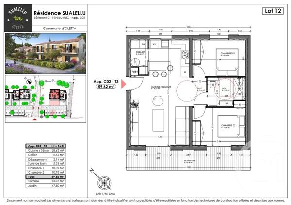 Appartement T3 à vendre  3 pièces - 59,62 m2 OLETTA - 202