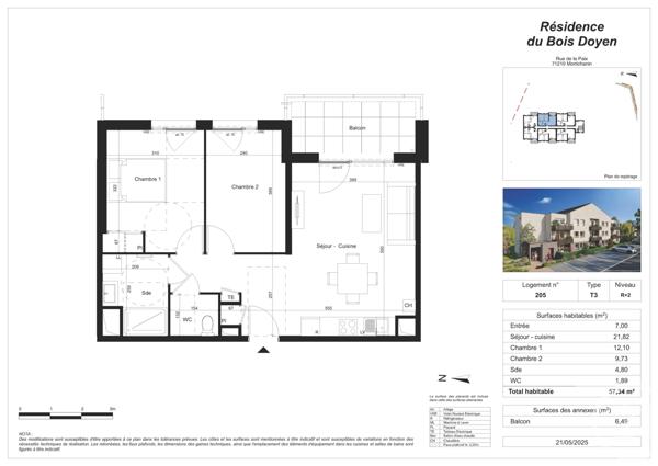 Appartement F3 à vendre  3 pièces - 57,34 m2 MONTCHANIN - 71