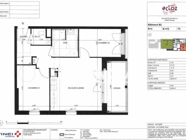 Location Appartement 3 pièces 58.59 m² - ECLOZ - 39 RUE DE L'OUCHE BURON Nantes 44000