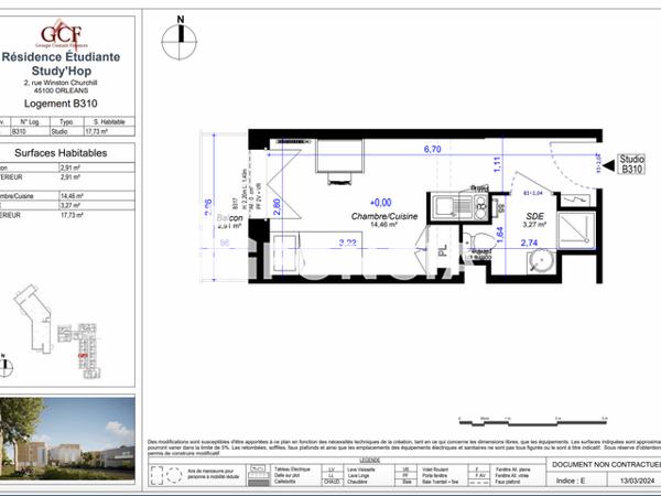Location Studio meublé 17.73 m² - STUDY'HOP Orleans 45100