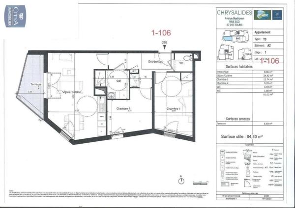 Appartement à louer 3 pièces 61m² Tours (37200)