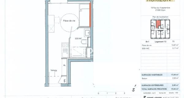 Location Studio 17.04 m² - Dijon 21000
