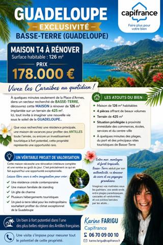 Maison à vendre 4 pièces BASSE TERRE (971) MAISON T4 proche de la Place d'Armes