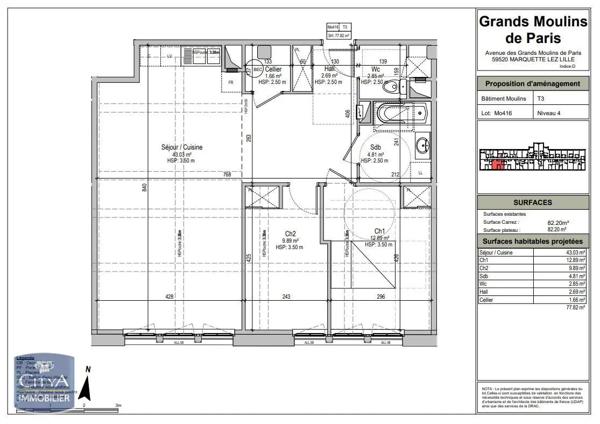 Appartement à louer 3 pièces 77.6m² Marquette-lez-Lille (59520)