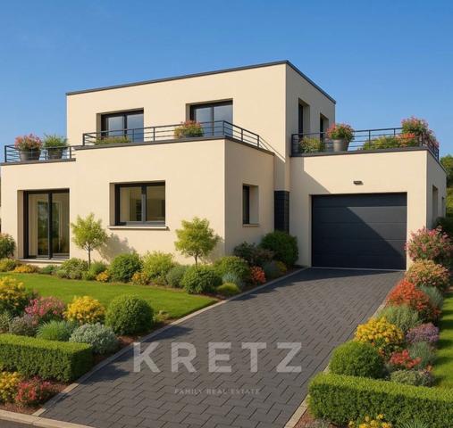 Maison contemporaine neuve 4 chambres avec garage, terrasses et jardin.