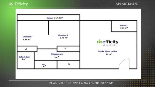 Appartement 3 pièces - 60 m² Exclusivité efficity