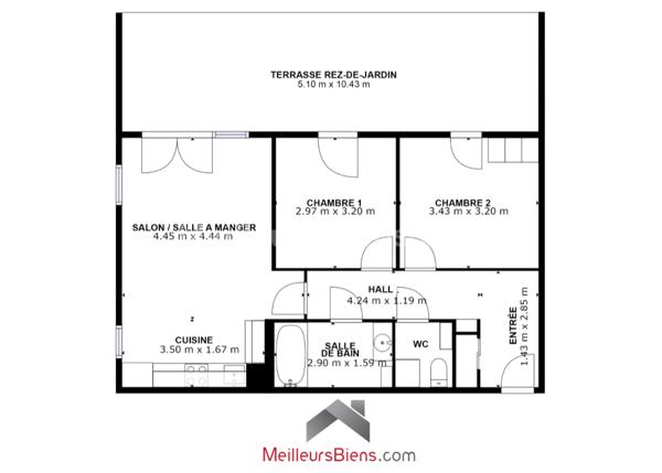 3 pièces 64 m2 avec Rez-de-jardin