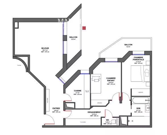 NEUILLY SUR SEINE. 3 pièces de 77m² avec balcons