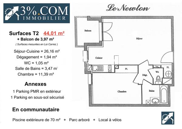 Appartement 2 pièce(s) 1 chambre(s) 44.01 m²