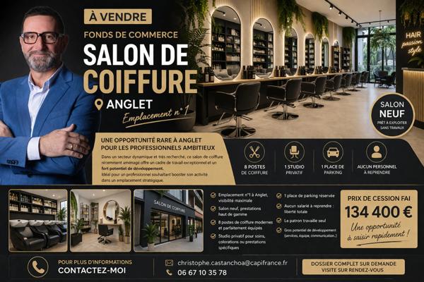 ✂️ À VENDRE – FONDS DE COMMERCE SALON DE COIFFURE – ANGLET