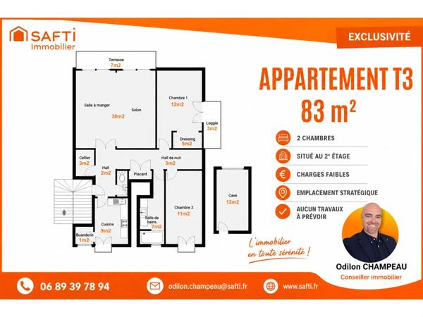 Appartement T3 (2 chambres) de 83m2 + Terrasse + Local de stockage