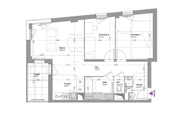 Appartement 3 pièces - 61 m² Exclusivité efficity