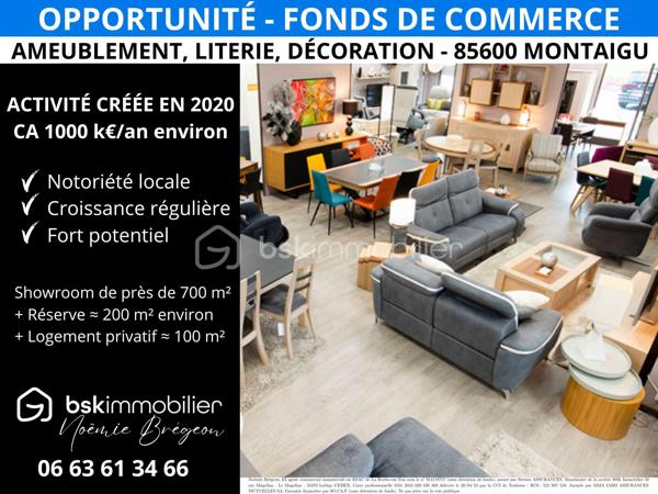 À céder, enseigne indépendante reconnue localement, spécialisée dans l’ameublement moyen et haut de gamme, l’univers du sommeil et la décoration intérieure.

Implanté au cœur d’une zone commerciale majeure bénéficiant d’une forte fréquentation, le magasin profite d’un emplacement stratégique offrant une excellente visibilité et un accès facilité.

Le showroom, moderne et parfaitement entretenu, présente une offre complète de mobilier et d’aménagement intérieur : salons, canapés, séjours, tables, chaises, chambres, literie, décoration.

Créée le 1er novembre 2020, l’entreprise a enregistré une croissance régulière depuis son lancement. Elle bénéficie aujourd’hui d’une clientèle fidèle, d’une notoriété solidement établie sur son secteur et d’un réseau de fournisseurs qualifiés.

Les atouts de l’affaire :
- Surface commerciale d’environ 700 m²
- Réserve d’environ 200 m² (stockage)
- Appartement privatif d’environ 100 m² à l’usage des propriétaires et de leurs ayants droit
- Emplacement stratégique en zone commerciale
- Forte visibilité et excellente accessibilité
- Parking clientèle à proximité immédiate
- Clientèle fidélisée
- Enseigne reconnue localement
- Activité immédiatement exploitable
- Portefeuille fournisseurs qualifié
- Fort potentiel de développement

Chiffres clés
- Activité créée le 1er novembre 2020
- Chiffre d’affaires en progression constante depuis la création
- Croissance régulière de l’activité

Informations financières :
- Chiffre d’affaires exercice 2025 : 969 128 €
- Objectif de chiffre d’affaires : 1,5 M€ à horizon 3 ans
- Reprise possible du stock (plus d'informations sur demande)
- EBE : communiqué après échange qualifié

Bail commercial 3/6/9 en cours jusqu’au 31/10/2029

Dossier complet et informations complémentaires transmis après échange qualifié et signature d’un engagement de confidentialité.