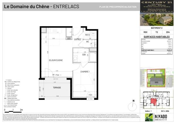Appartement T2 à vendre  2 pièces - 42,67 m 2   ENTRELACS  - 73