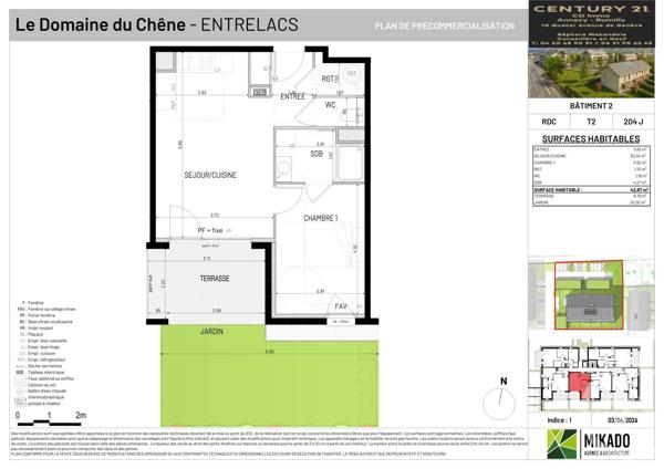 Appartement T2 à vendre  2 pièces - 42,67 m 2   ENTRELACS  - 73