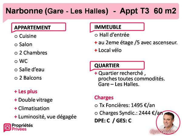 Narbonne (gare, les halles) lumineux appartement 3 pièces de 60 m2