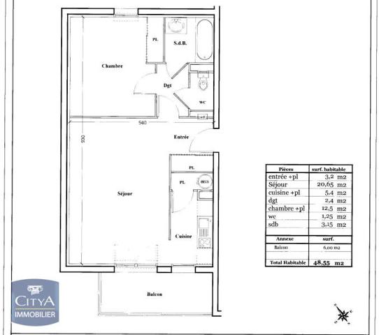 Appartement à louer 2 pièces 48.55m²