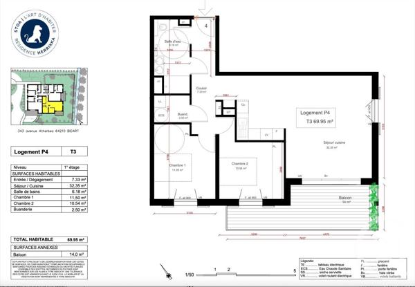 Appartement F3 à vendre  3 pièces - 69,95 m 2   BIDART  - 64