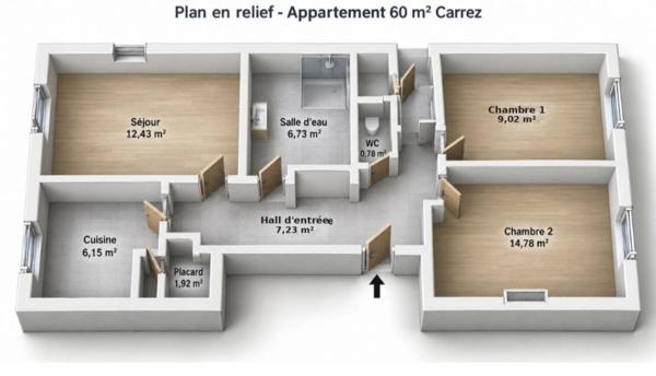 Appartement à vendre 3 pièces de 60 m²