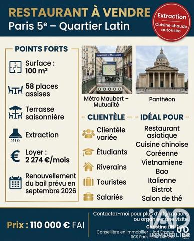 Restaurant à vendre 100 m² Paris 5