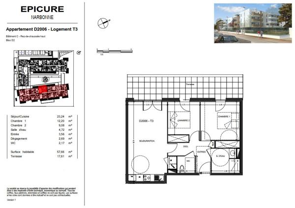 NARBONNE. Appartement T3 avec terrasse 18m² et parking sous-terrain