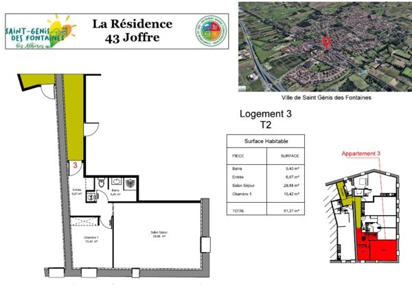 Appartement T2 à louer - 51,37 m² - Location à l’année – St Génis des Fontaines (Village)