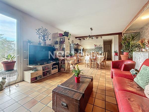 Maison de plain pied à vendre : Palazinges, 92m2 habitable, pièce de vie de 47m2, jardin arboré, 3 chambres, vue, poêle à bois et isolation récente, Garage