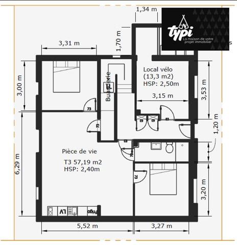 Appartement 3 pièces de 57 m² à Caudan