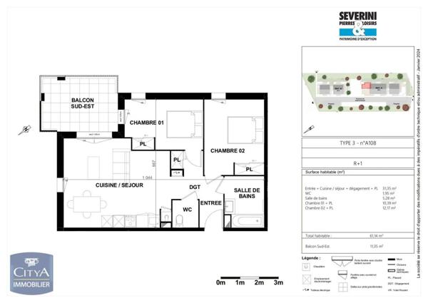 Appartement à louer 3 pièces 61.14m²