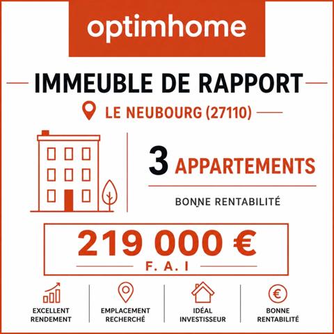 EXCLUSIVITÉ OPTIMHOME  IMMEUBLE DE RAPPORT – 3 APPARTEMENTS – LE NEUBOURG CENTRE