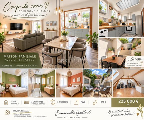 ✨ Une maison coup de cœur, clé en main, dans le secteur recherché de Bréquerecque, à proximité de la Liane !

Dès l’entrée, cette maison de 119 m² séduit par son ambiance chaleureuse, sa luminosité et ses beaux volumes. Ici, aucun travaux à prévoir : vous posez vos meubles et profitez !

La maison offre une belle et spacieuse pièce de vie, conviviale et lumineuse, ainsi qu’une cuisine aménagée et équipée, parfaitement intégrée à l’ensemble.

🌿 Un véritable plus au quotidien : les extérieurs sont accessibles aussi bien depuis le salon que depuis la cuisine, offrant une circulation très agréable entre intérieur et extérieur. Vous profitez ainsi de 3 terrasses, permettant de créer différents espaces pour déjeuner, recevoir ou simplement se détendre aux beaux jours.

À l’étage, l’espace nuit accueille 3 belles chambres ainsi qu’une belle salle de bains.

💫 Et la maison réserve encore une belle surprise : les combles entièrement aménagés, avec poutres apparentes et fenêtres de toit, offrent un superbe volume supplémentaire. Chambre, bureau, salle de jeux, espace détente ou salle de sport, chacun pourra se l’approprier selon ses envies.

Les atouts : 119 m² habitables • 3 chambres + combles aménagés • belle pièce de vie • cuisine aménagée et équipée • double accès aux extérieurs par le salon et la cuisine • 3 terrasses • cave • DPE D • aucun travaux à prévoir • secteur recherché de Bréquerecque, à proximité de la Liane.

❤️ Une maison chaleureuse, parfaitement entretenue et prête à vivre, avec de beaux volumes et des espaces extérieurs en cœur de ville.

📞 Un bien à découvrir rapidement. Contactez-moi pour organiser une visite !

Photos réelles du bien.