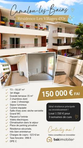 🌿 Lamalou-les-Bains – Résidence Les Villages d'Or
T3 de 55,97 m² avec terrasse de 15 m² – Résidence sécurisée

Dans l'une des résidences les plus prisées de Lamalou-les-Bains, découvrez ce magnifique appartement T3 de 55,97 m², situé au 1er étage, offrant un cadre de vie calme, lumineux et sécurisé et d'une place de PARKING.
Dès l'entrée, vous apprécierez une belle pièce de vie baignée de lumière avec sa cuisine moderne entièrement équipée (plaque, hotte, four, réfrigérateur et congélateur), ouverte sur une superbe terrasse couverte de 15 m², exposée sud-est, véritable prolongement du séjour. 

L'espace nuit comprend :

Une grande chambre de 13,80 m² avec deux dressings.
Une seconde chambre de 7,44 m², idéale en chambre d'amis ou bureau avec un accès direct à la terrasse.

Vous profiterez également d'une salle d'eau avec sèche-serviettes, d'un grand WC indépendant accessible PMR ainsi que d'un placard de rangement à l'entrée.
Un simple rafraîchissement des peintures suffira à révéler tout le potentiel de ce bel appartement.

Les atouts :

⭐ Résidence sécurisée de grand standing.
⭐ Les Villages d'Or, l'une des copropriétés les mieux cotées de Lamalou-les-Bains.
⭐ Climatisation réversible dans le séjour.
⭐ Volets roulants électriques.
⭐ Appartement très lumineux.
⭐ Grande terrasse de 15 m² exposée sud-est.
⭐ Une place de parking privative.
⭐ DPE : C.
⭐ Charges de copropriété : seulement 523 € par an.
⭐ Taxe foncière : 896 €.

Un excellent investissement

Grâce à son emplacement privilégié, à proximité des thermes et des commerces, ce bien offre également un très beau potentiel locatif. Il peut être loué environ 1 150 € pour une cure de trois semaines, constituant une opportunité idéale pour un investissement ou un complément de revenus.

Que vous recherchiez une résidence principale, un pied-à-terre ou un investissement locatif de qualité, cet appartement réunit tous les critères : emplacement, confort, luminosité et rentabilité.

Une visite suffira à vous convaincre ! 🌿🏡