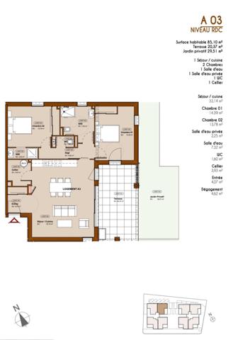 Appartement spacieux en RDC, type 3 de 86 m2 avec parking sécurisé, terrasse et jardin privatif .
