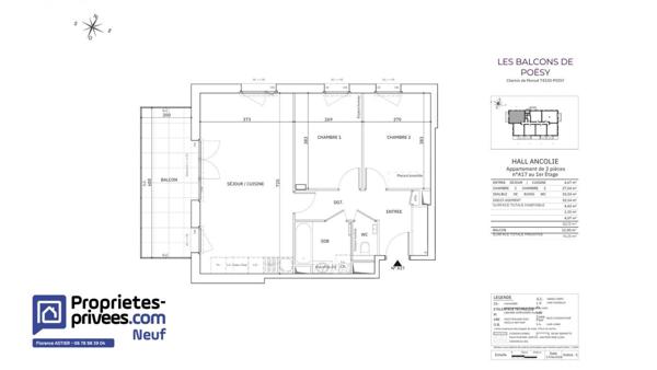 POISY 74330 - Appartement 3 pièce(s) 62.13 m2  orienté SO,- 1er étage - balcon et en sous-sol une cave, un box double