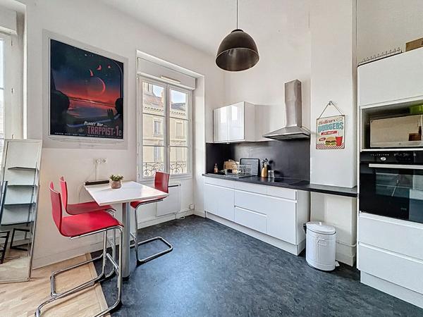 A vendre coeur de Doutre, appartement type 2 vendu meublé ,2ème étage, séjour avec cuisine aménagée, chambre séparée plus mezzanine, chauffage individuel, cave et grenier. Arrêt de tramway Doutre Maine aux pieds de l'immeuble.