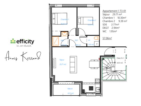 Appartement 3 pièces - 57 m²