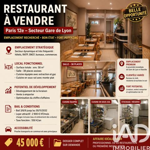 Restaurant à vendre 58 m² Paris 12