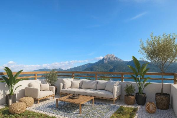 Appartement à vendre 2 pièces avec TOIT TERRASSE DE 30 M2 vue Panoramique à 360° Lac et Montagnes sur SAVINES LE LAC (05) , Dans une résidence en construction style villa plein Sud ,livrable été 2026