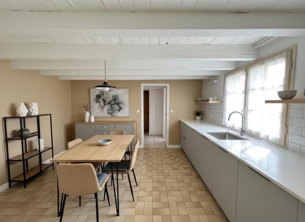 Maison atypique mitoyenne d'un côté, de 77 m2, 2 chambres, 180 m2 de terrain