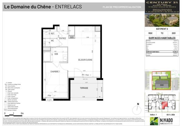 Appartement T2 à vendre  2 pièces - 42,68 m 2   ENTRELACS  - 73