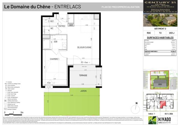 Appartement T2 à vendre  2 pièces - 42,68 m 2   ENTRELACS  - 73
