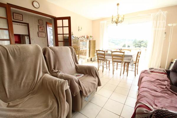 A vendre une villa avec terrasse, grand garage, sur un beau terrain boisé avec une source. Très belle vue dégagée.