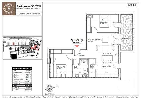 Appartement T3 à vendre  3 pièces - 62,86 m2 PATRIMONIO - 202