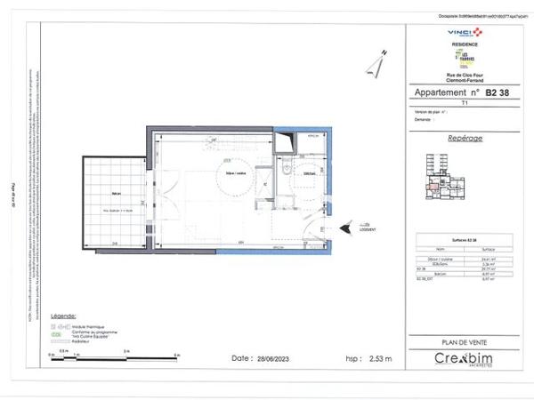 Location Studio 29.77 m² - 43-45 RUE DU CLOS FOUR RESIDENCE LES FABRIKS DE MAI APPART B2-38 Clermont-ferrand 63100