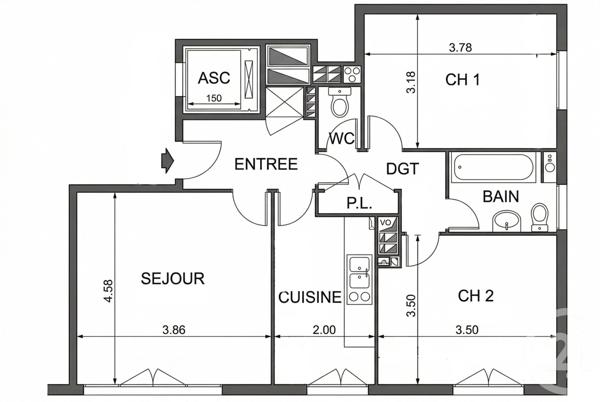 Appartement F3 à vendre  3 pièces - 64,02 m2 PARIS - 75013