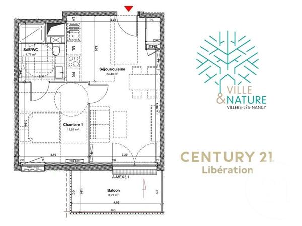 Appartement F2 à vendre  2 pièces - 42,34 m2 VILLERS LES NANCY - 54